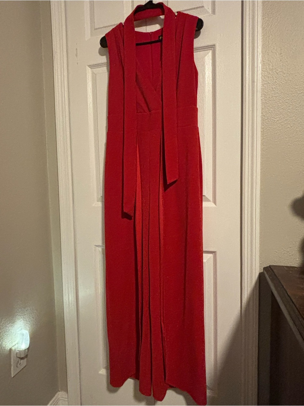 Red Wide/Open-Leg Jumpsuit with Waist Tie